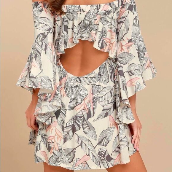 Lulu’s Sun-Drenched Daydream Beige Floral Print Off-the-Shoulder Dress Small - Picture 3 of 14